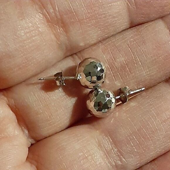 Gold earrings 14k solid white gold stud earrings sphere faceted Disco ball round - Picture 4 of 9
